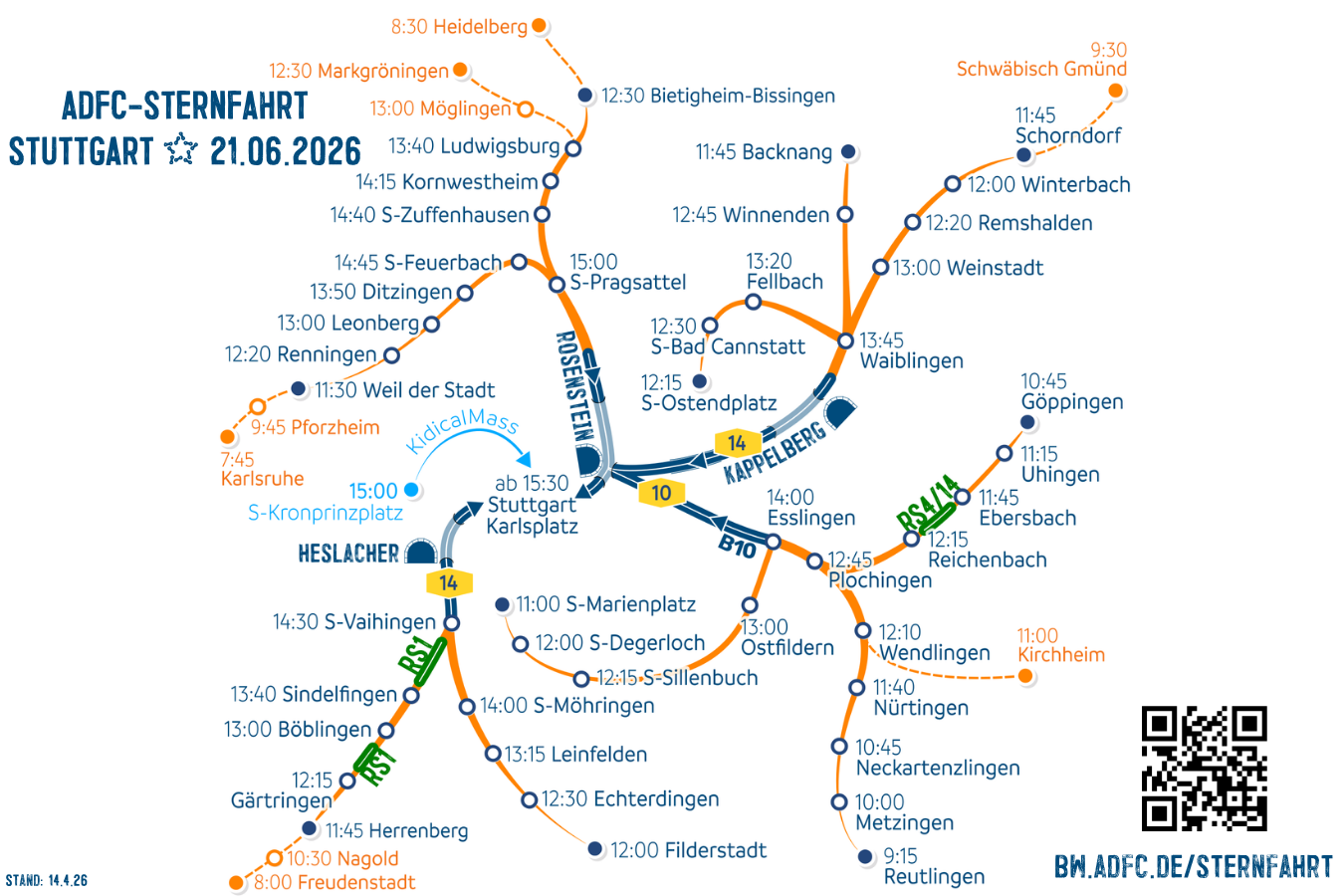 Route der Sternfahrt nach Stuttgart am 21.6.2026 (Stand 14.4.26) ©ADFC BW