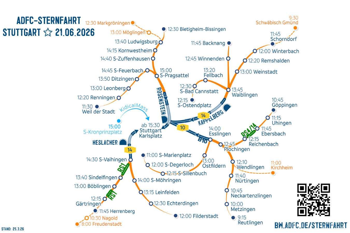Route der Sternfahrt nach Stuttgart am 21.6.2026 (Stand 25.3.26) ©ADFC BW