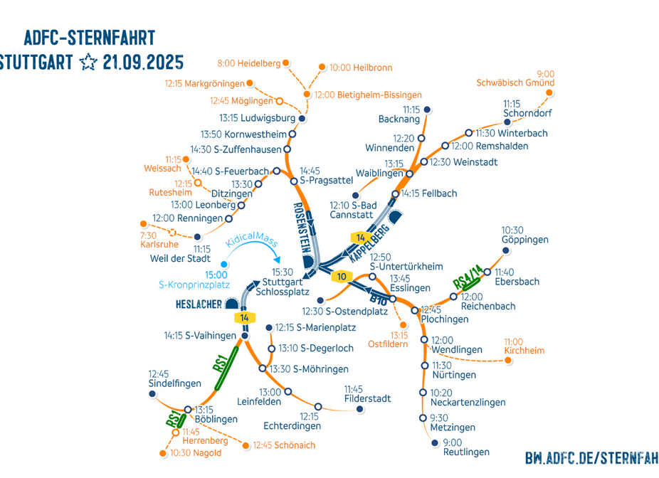 Route der Sternfahrt nach Stuttgart, Stand 16.9.2025