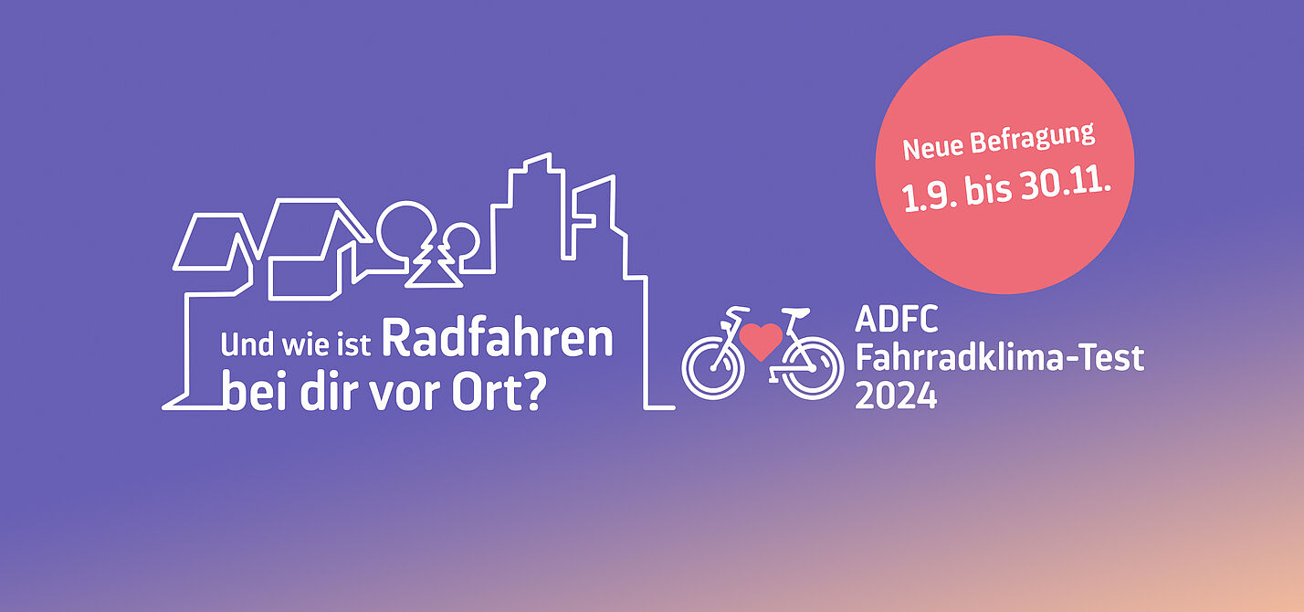 Keyvisual ADFC Fahrradklima-Test 2024, zeigt die Skyline einer Stadt mit einem Fahrrad