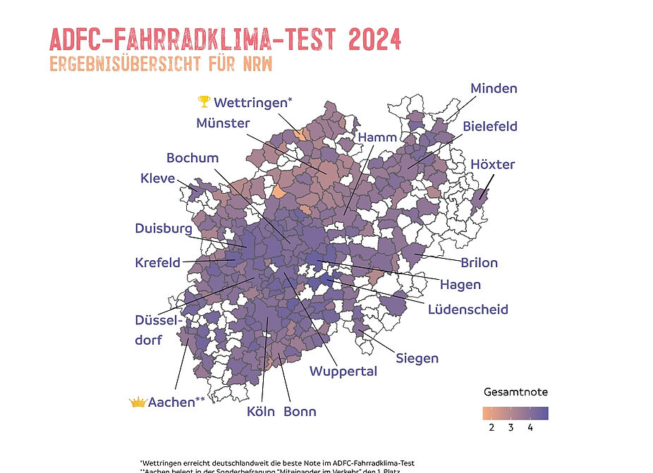 Übersichtskarte diverse NRW-Kommunen beim ADFC-Fahrradklima-Test 2024 Übersichtskarte von verschiedenen NRW-Kommunen beim ADFC-Fahrradklima-Test 2024