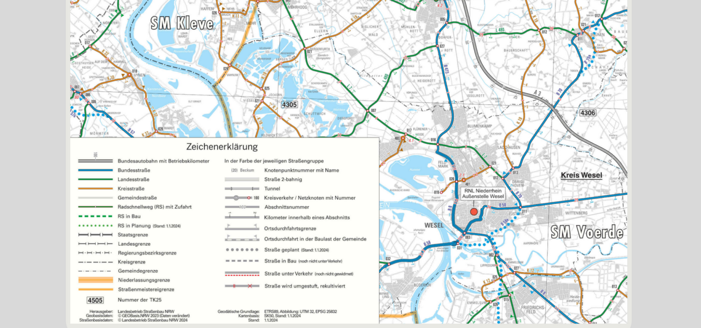 Straßen.NRW hält in Ergänzung zur Straßeninformationsbank Nordrhein-Westfalen (NWSIB) eine Auswahl an meist NRW-weiten und regionalen thematischen Karten oder Übersichten bereit.