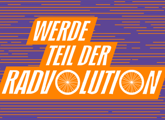 Schriftzug "Werde Teil der Radvolution" in orange auf lila Hintergrund