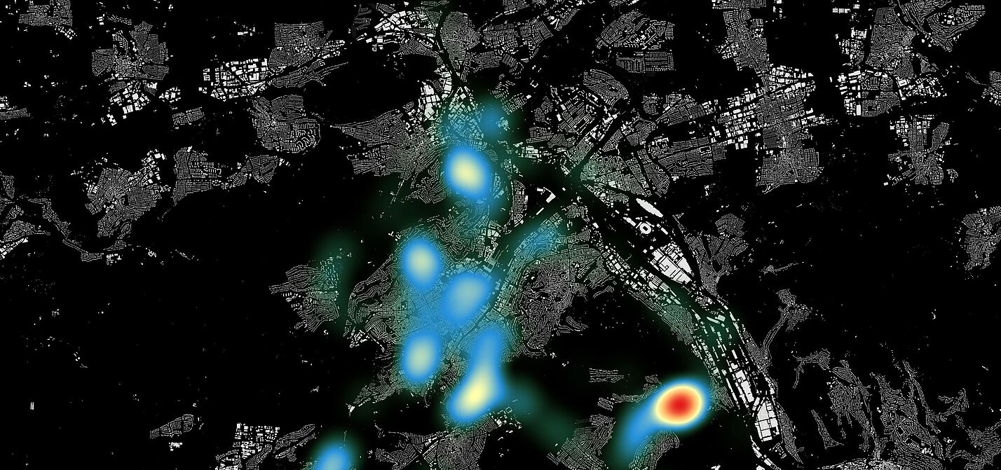 Heatmap Cape Reviso Visualisierung Projekt Cape Reviso: Die Heatmap zeigt, wo Radfahrende in Stuttgart besonders eng überholt werden.